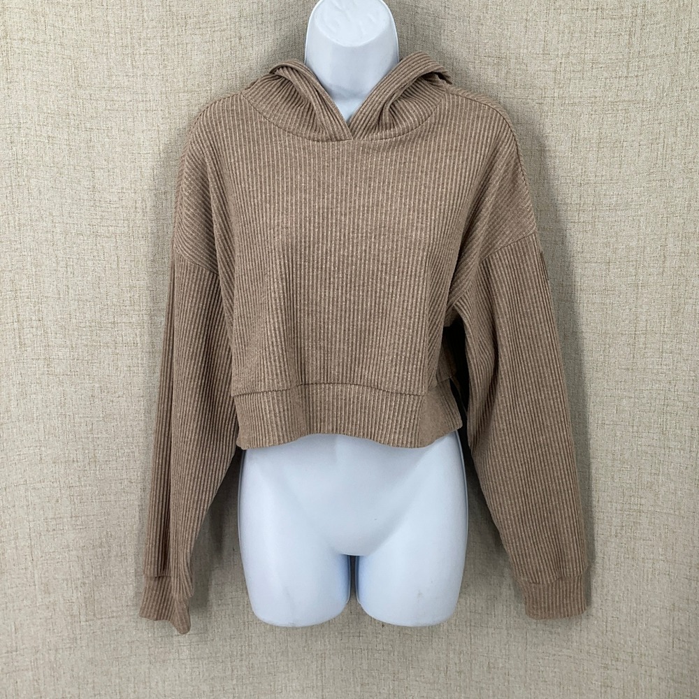 Alo Yoga Muse Ribbed Crop Hoodie Womens Size S Tan Pullover Long Sleeve Sporty